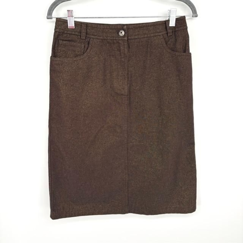 French Connection‎ Brown Gold Metallic Denim Pencil Midi Skirt Size 6 Textured